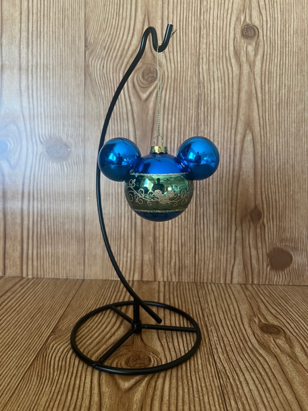 EUC Disney Store Blue Green Holiday Scroll Glass Mickey Mouse Icon Ornament